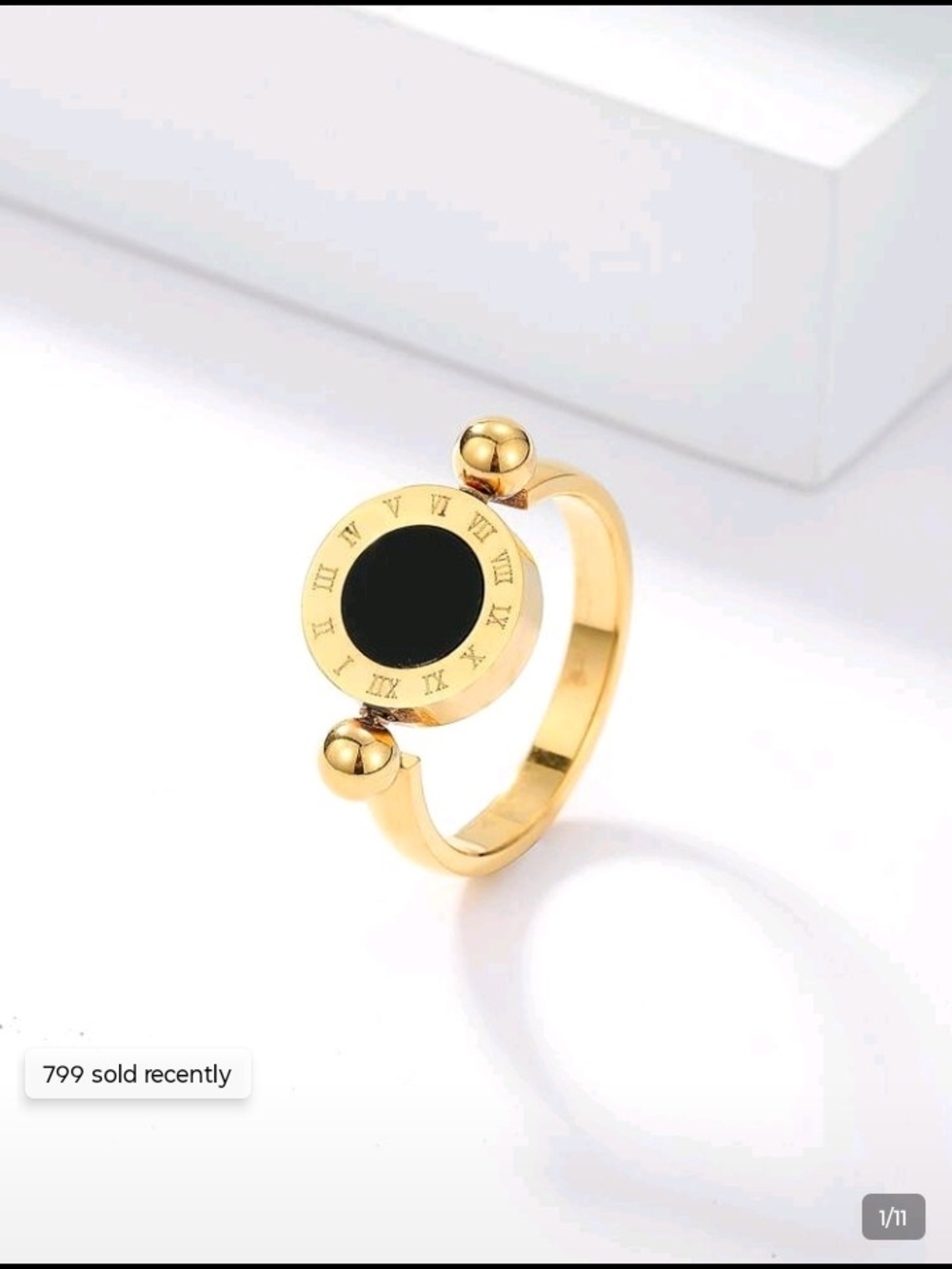 Gold Tone Black Enamel Roman Numeral Accent Ring